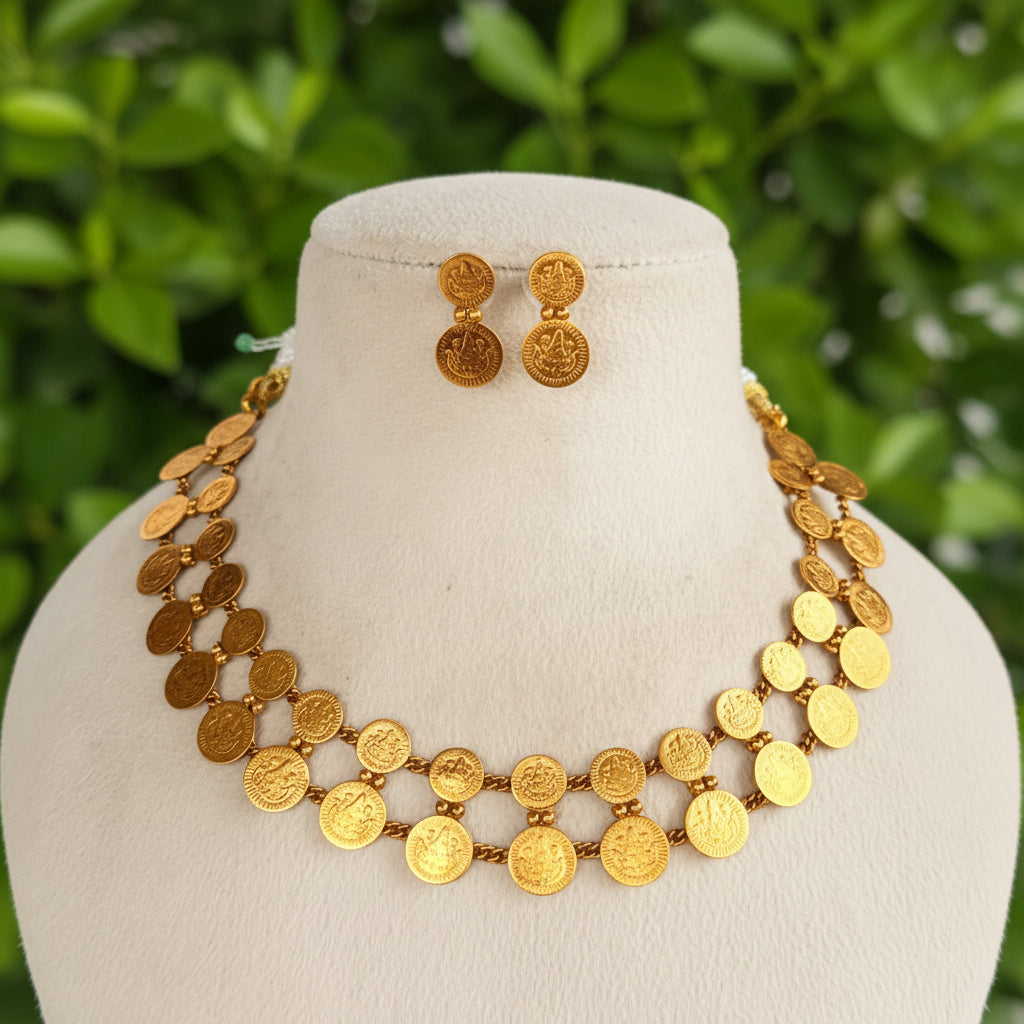 A gold coin-style necklace and matching stud earrings displayed on a cream jewelry bust against a soft white background.