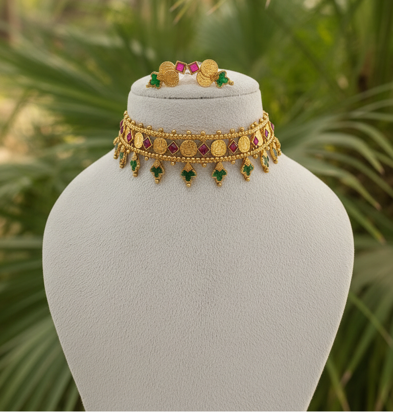 Gold-toned traditional Indian jewelry set displayed on a white jewelry bust, featuring a choker necklace with coin motifs, dangling green and red stones, and a matching ring, set against a blurred green foliage background.